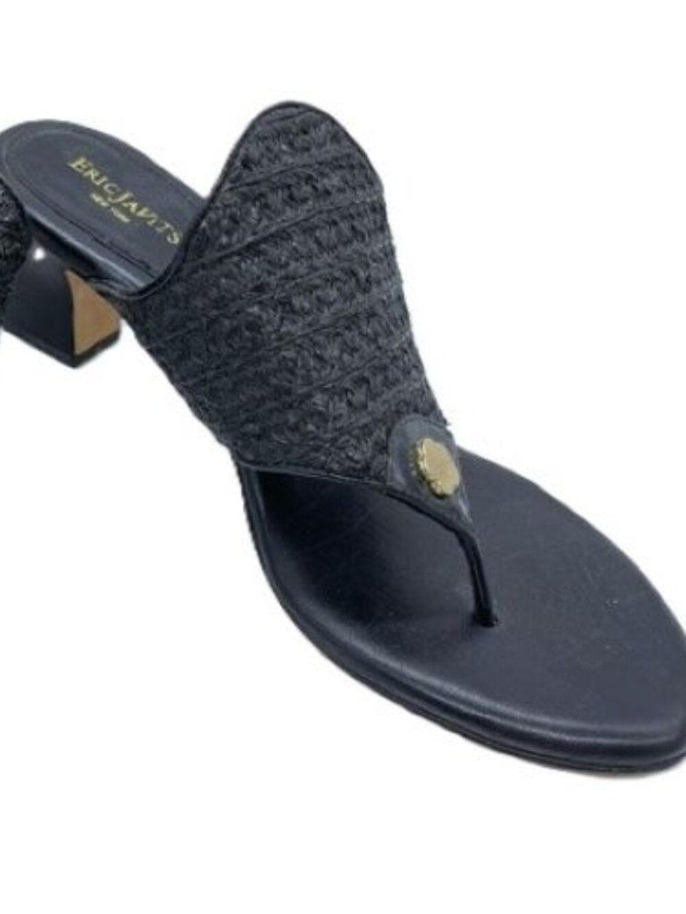 Eric Javits Logo Women Black Rattan Weave Heel Sandal Size 10